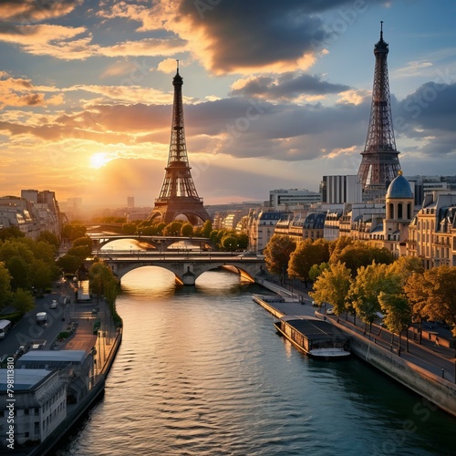 b'Paris cityscape with Eiffel Tower at sunset'