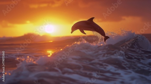 Dolphin silhouetted against vibrant sunset, leaping over crashing waves in the majestic pacific ocean of hawaii - captivating wildlife scene in natural habitat