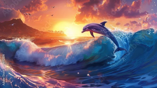 Dolphin silhouetted against vibrant sunset, leaping over crashing waves in the majestic pacific ocean of hawaii - captivating wildlife scene in natural habitat © Ashi