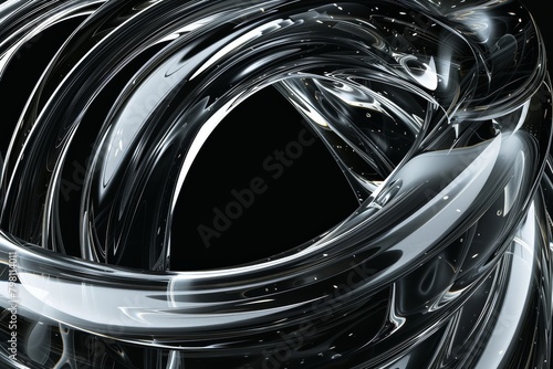 Abstract geometric black background with glass spiral tubes, flow clear fluid with dispersion and refraction effect, crystal composition of flexible twisted pipes, modern 3d wallpaper, design element