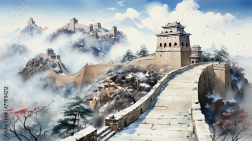 b'The Great Wall of China winding through a snowy mountain landscape' © duyina1990