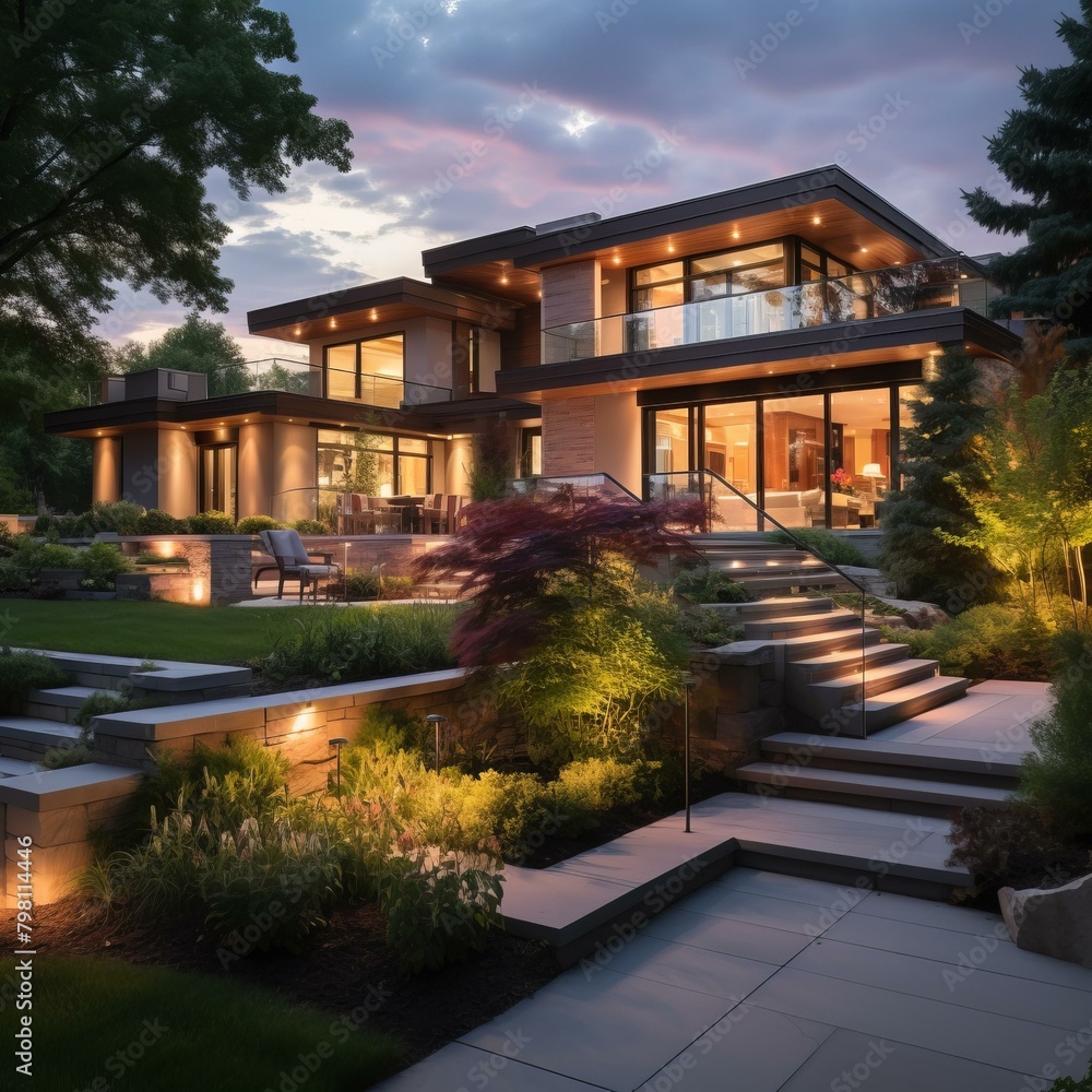 Fototapeta premium b'A luxurious house with a modern design and beautiful landscaping'