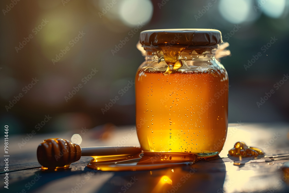 A glass jar filled to the top with honey. Besides it lies a honey dipper, the backround is blurry A glass jar filled to the top with honey. Besides it lies a honey dipper, the backround is blurry