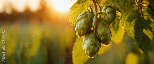 Сluster of green flowers of hop seed cones in the golden hour of a plantation farm photo