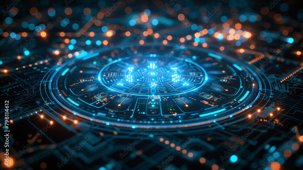 Technology, HUD and scifi or microchip with futuristic pattern, connection or cybersecurity. Data center, iot or digital with hardware for networking, cyber servers or machine learning in electronics Technology, HUD and scifi or microchip with futuristic pattern, connection or cybersecurity. Data center, iot or digital with hardware for networking, cyber servers or machine learning in electronics