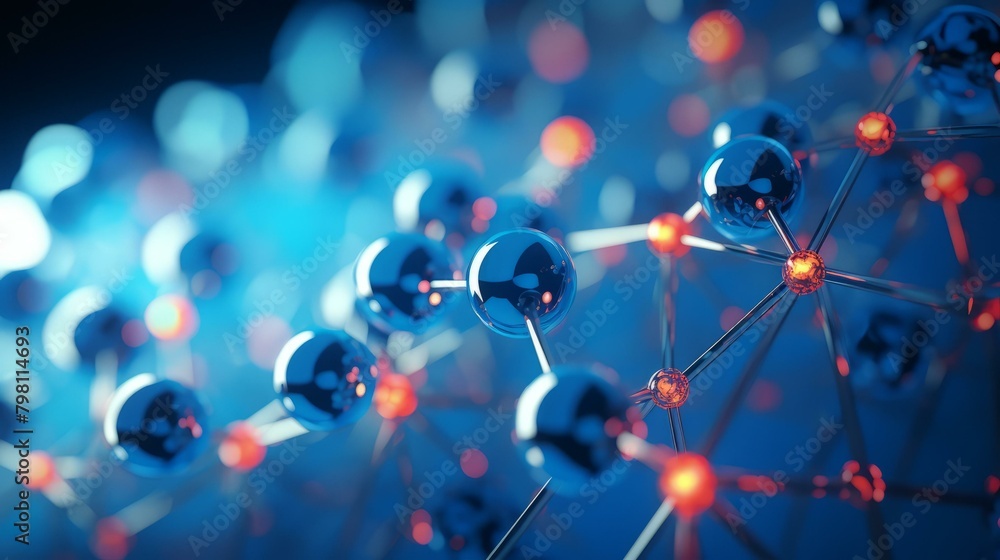 b'Blue and red molecules connected by metal rods on a dark blue background' b'Blue and red molecules connected by metal rods on a dark blue background'