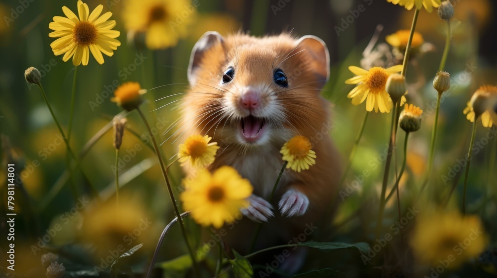 b'Small brown hamster in a field of yellow daisies' b'Small brown hamster in a field of yellow daisies'