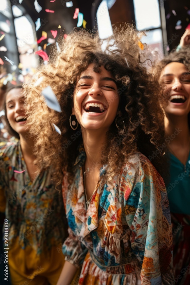 b'Three young women with curly hair are laughing and dancing in a room with confetti falling.'