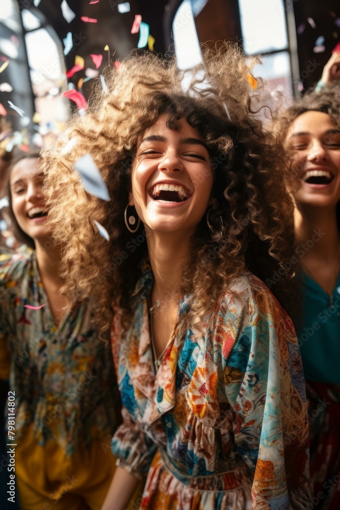 Fototapeta premium b'Three young women with curly hair are laughing and dancing in a room with confetti falling.'