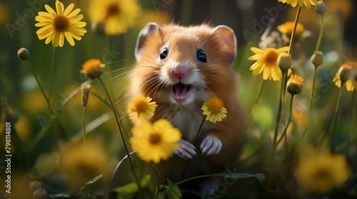 b Small brown hamster in a field of yellow daisies 