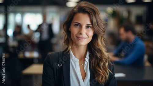 b Portrait of a young businesswoman smiling in an office 