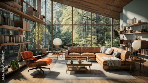 b'Modern living room interior with large windows and forest view'