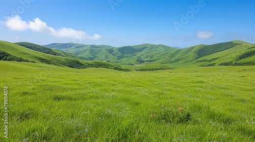 b'Vast green rolling hills under blue sky'