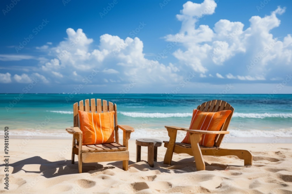 Fototapeta premium b'Two wooden beach chairs with orange pillows sit on a sandy beach with the ocean in the background'