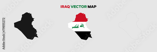 Iraq Map Vector Pack. Map with Flag. Gray Map Silhouette. Gray Outline Map. Editable EPS file.