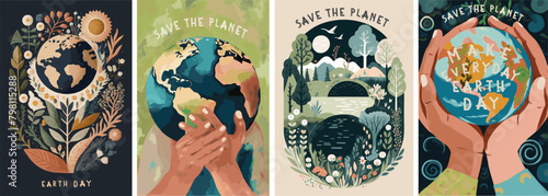 Happy Earth Day! Vector illustrations (drawn in gouache) of earth, globe, holding, nature and environmental protection for poster, banner or background	
 photo