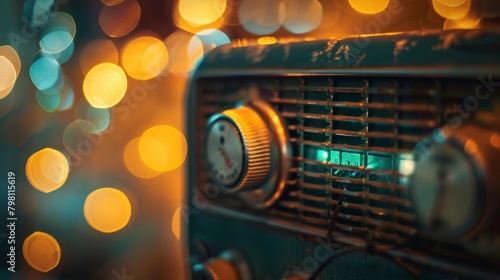 Gentle bokeh lights dance around an outoffocus antique radio evoking a warm and fuzzy feeling of memories from eras past. . photo