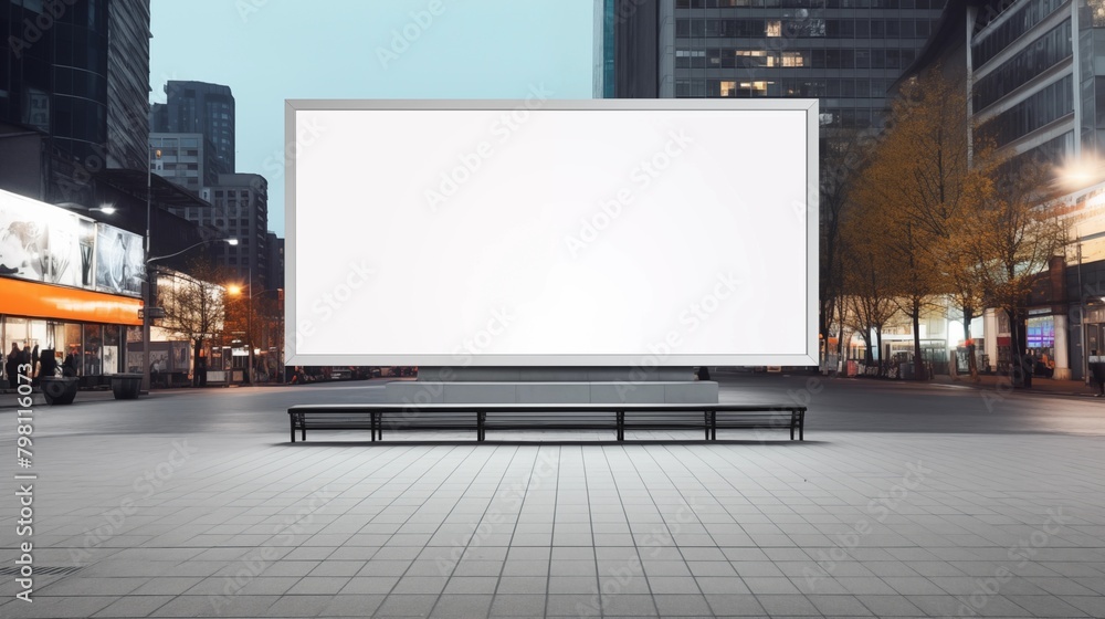 Blank white horizontal billboard in the street. Mockup advertising board, digital display, showcase with urban background.