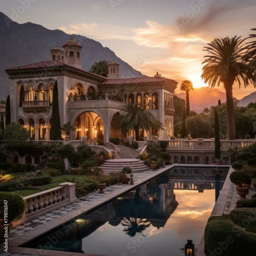 b'Large luxury mansion with pool and mountain views'