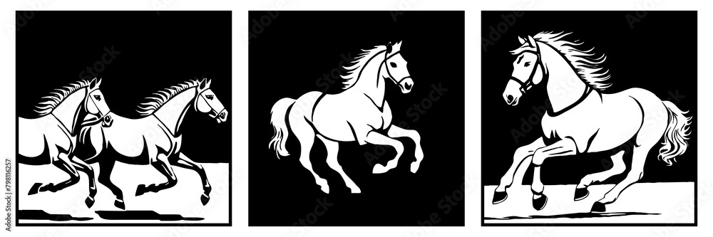 Horse . Black and white animal graphics. Logo design for use in graphics. Print for T-shirts, design for tattoos. Generated by Ai