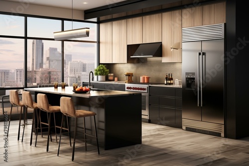 b'kitchen island with seating and view of the city' photo