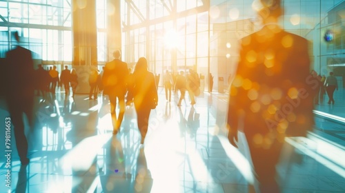 Blurred background of people walking in a modern building interior with sunlight  creating a motion blur effect