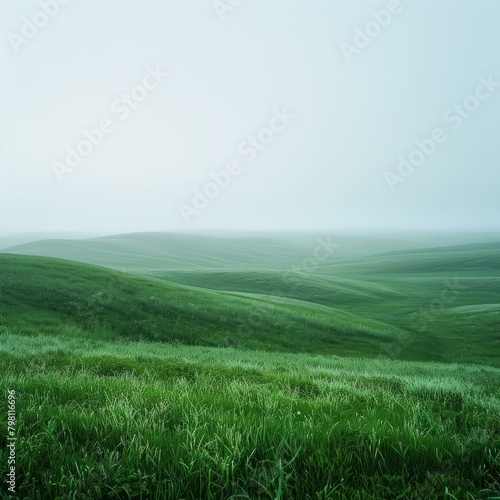 b'Green rolling hills under a foggy sky'