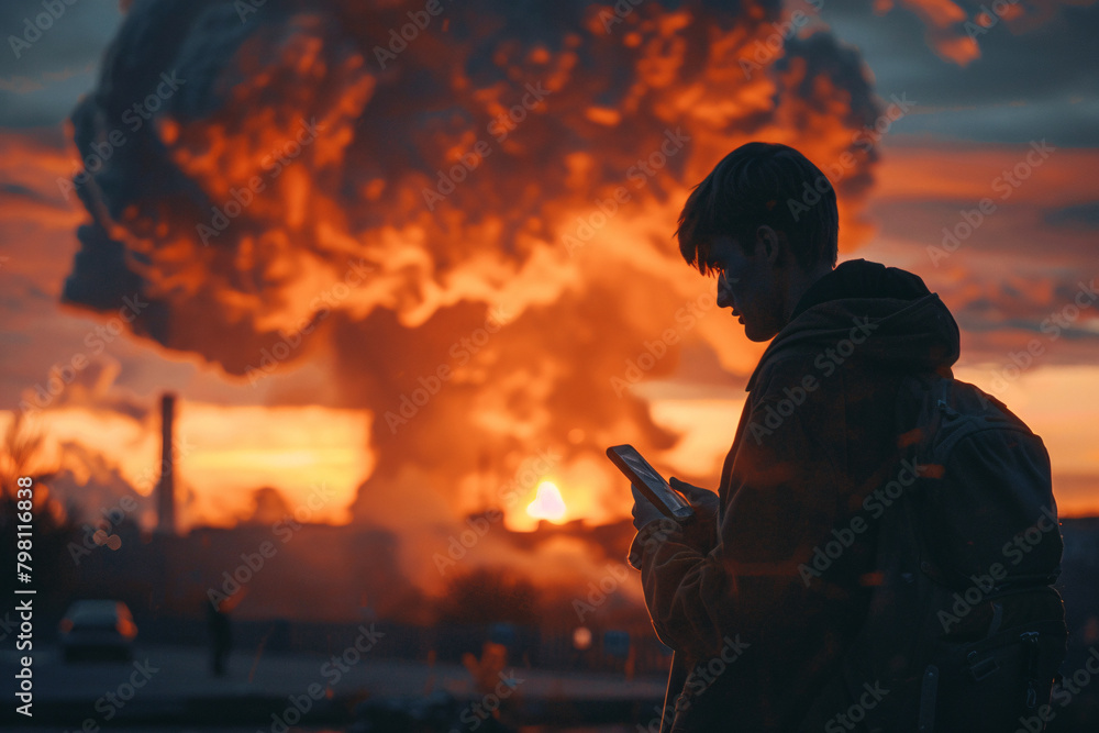 Fototapeta premium Doomscrolling concept, a man looking at his phone in front of a nuclear explosion