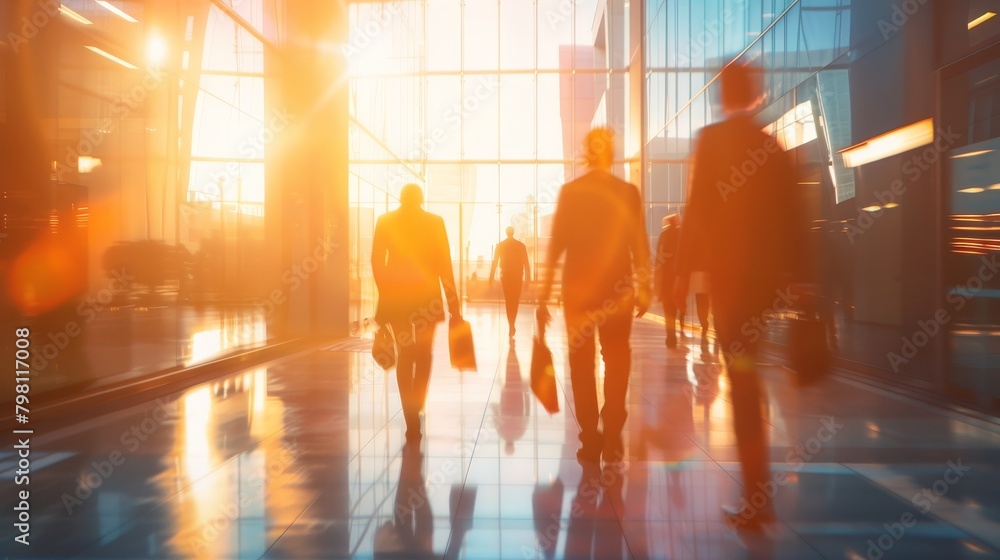 Blurred background of people walking in a modern building interior with sunlight, creating a motion blur effect Blurred background of people walking in a modern building interior with sunlight, creating a motion blur effect