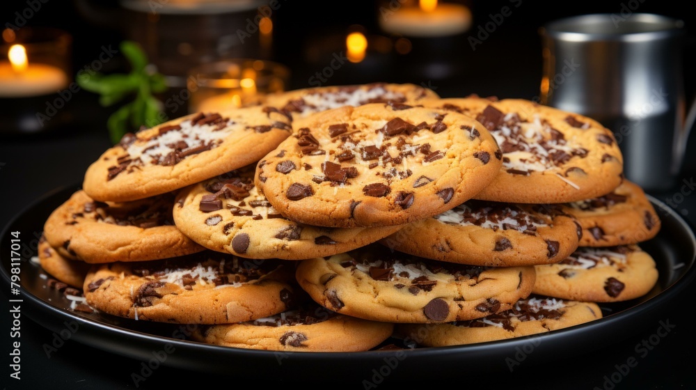 b'A plate full of chocolate chip cookies'