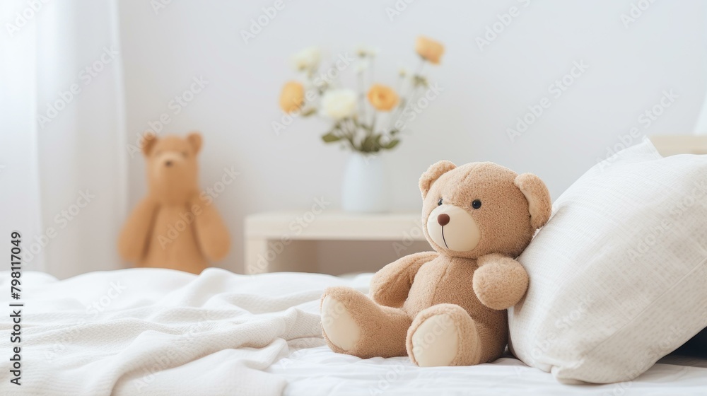 b'A cute teddy bear sitting on a bed with a blanket and a pillow' b'A cute teddy bear sitting on a bed with a blanket and a pillow'
