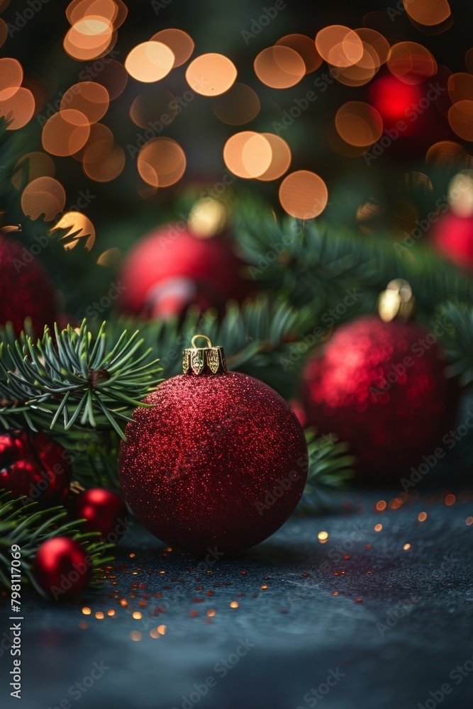 b'Red Christmas ornaments with fir branches on dark blue background' b'Red Christmas ornaments with fir branches on dark blue background'