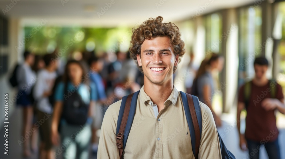 Naklejka premium b'Portrait of a smiling young male college student with curly hair wearing a backpack in a school hallway'