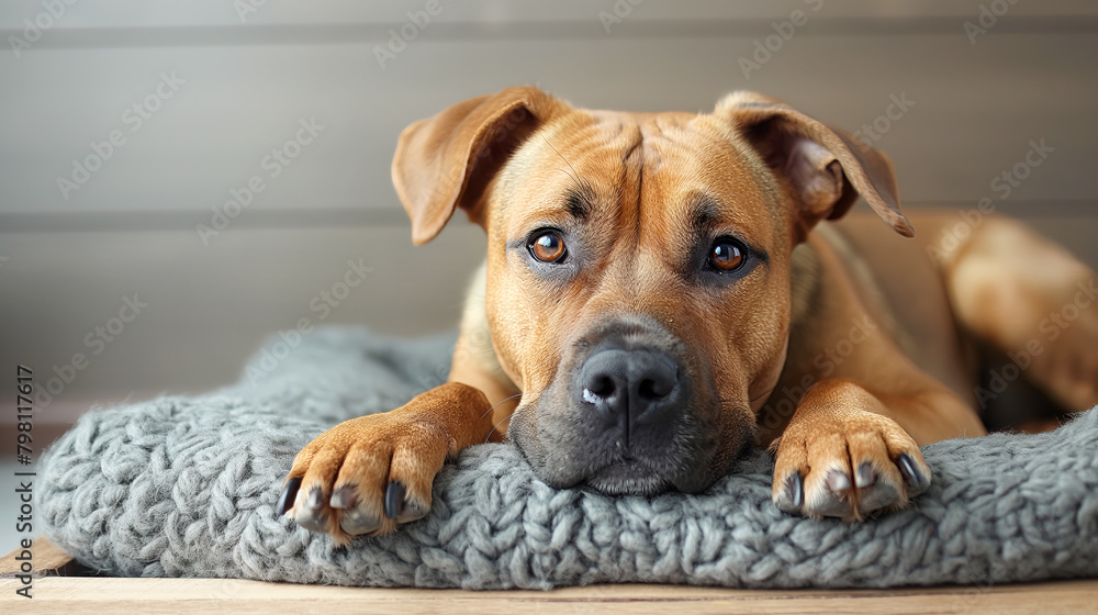 Boxer breed dog with soulful eyes rests on a knitted grey blanket, evoking comfort and calm. The warmth in its gaze fills the homey atmosphere