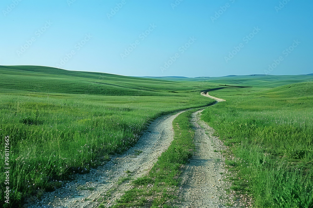 b'dirt road through a lush green grassy field'