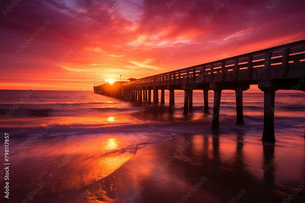 b'Amazing colorful sunset over the calm sea and long pier'