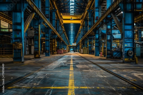 b'rusty factory building interior with blue and yellow steel beams'