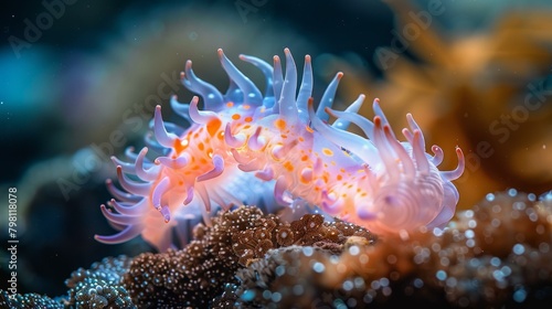 b'Underwater world, a beautiful anemone with white and orange tentacles'