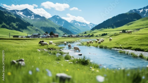b'sheep grazing in a lush green valley with mountains in the distance' © duyina1990