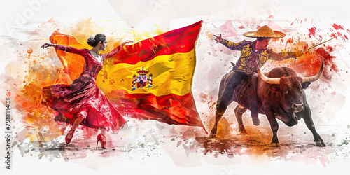 Spanish Flag with a Flamenco Dancer and a Bullfighter - Visualize the Spanish flag with a flamenco dancer representing Spanish dance and culture  and a bullfighter