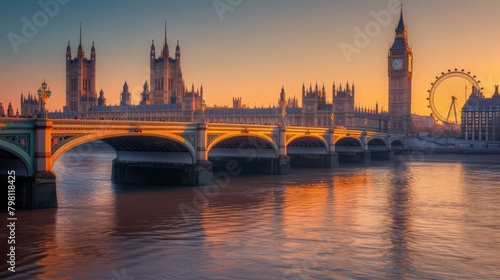 b'London cityscape with the Palace of Westminster and the London Eye at sunset' photo