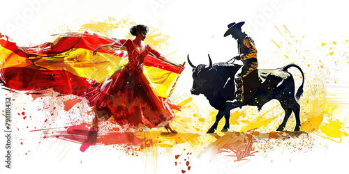 Spanish Flag with a Flamenco Dancer and a Bullfighter - Visualize the Spanish flag with a flamenco dancer representing Spanish dance and culture, and a bullfighter