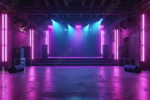 Empty neon concert stage lighting entertainment architecture.