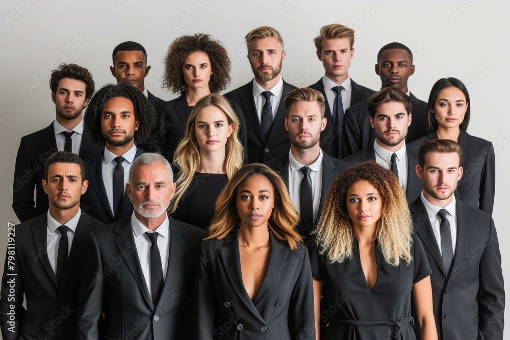 b'Group of diverse business professionals in formal attire' b'Group of diverse business professionals in formal attire'