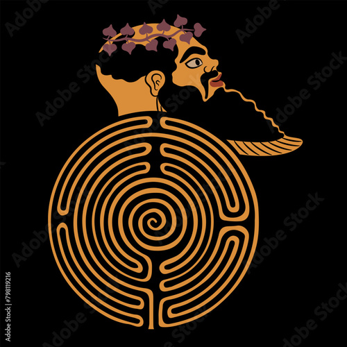 Round spiral maze or labyrinth symbol with head of ancient Greek Satyr wearing ivy wreath. Vase painting style. Creative mythological design.