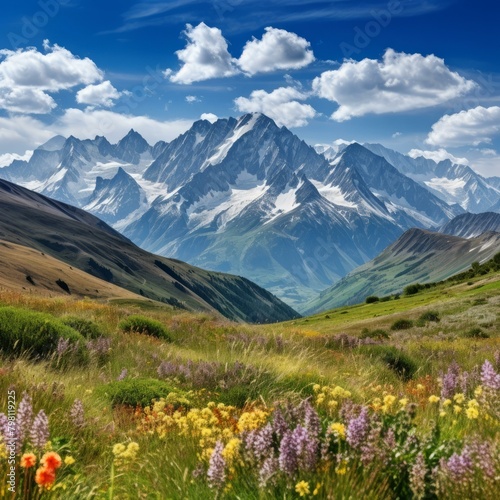 b'A beautiful landscape of a mountain valley with a river and flowers in the foreground'