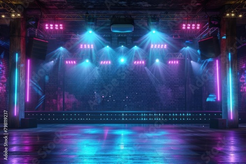 Empty neon concert stage spotlight entertainment architecture.