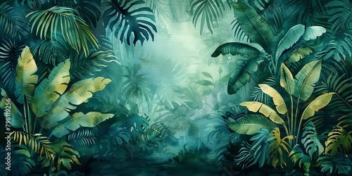 Watercolor pattern wallpaper. Painting of a jungle landscape in retro style  Generative AI
