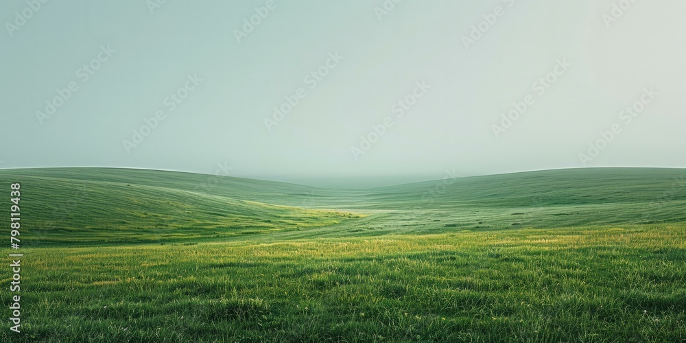 b'Foggy green hills landscape with soft light and long shadows' b'Foggy green hills landscape with soft light and long shadows'