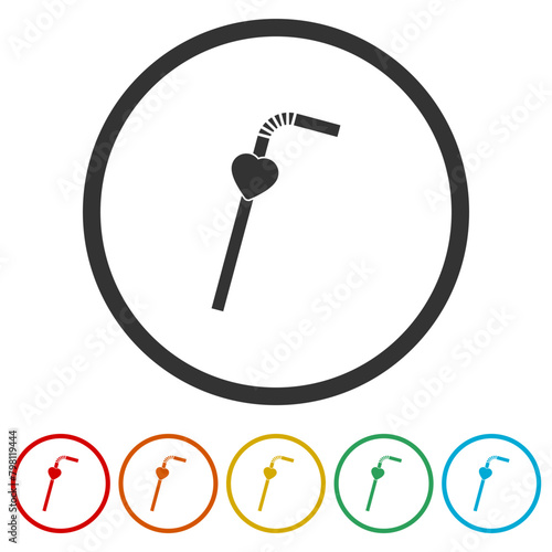 Drinking plastic straw with heart icon. Set icons in color circle buttons